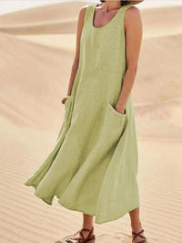 Jessie Linen Scoop Neck Sleeveless Midi Dress with Pockets