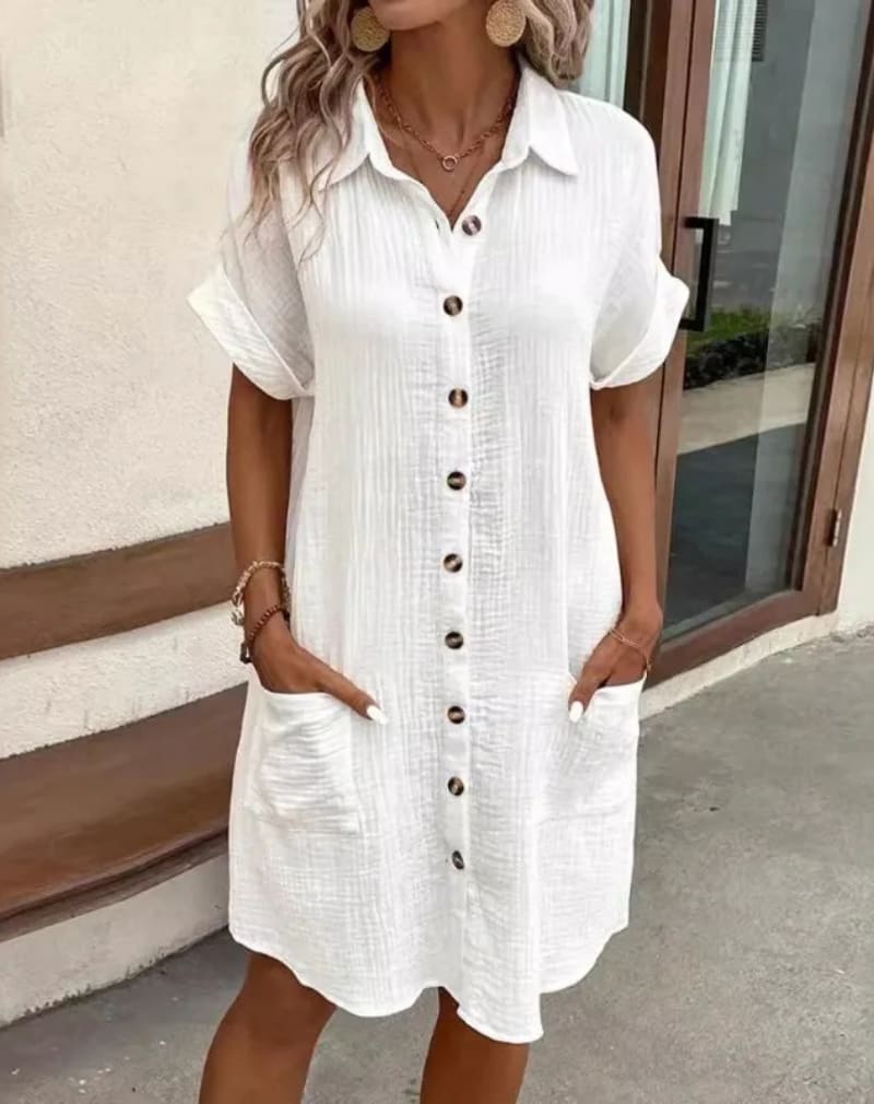 Cerys Cotton Button-Down Short Sleeve Shirt Dress with Pockets