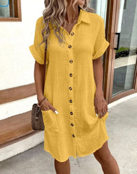 Cerys Cotton Button-Down Short Sleeve Shirt Dress with Pockets