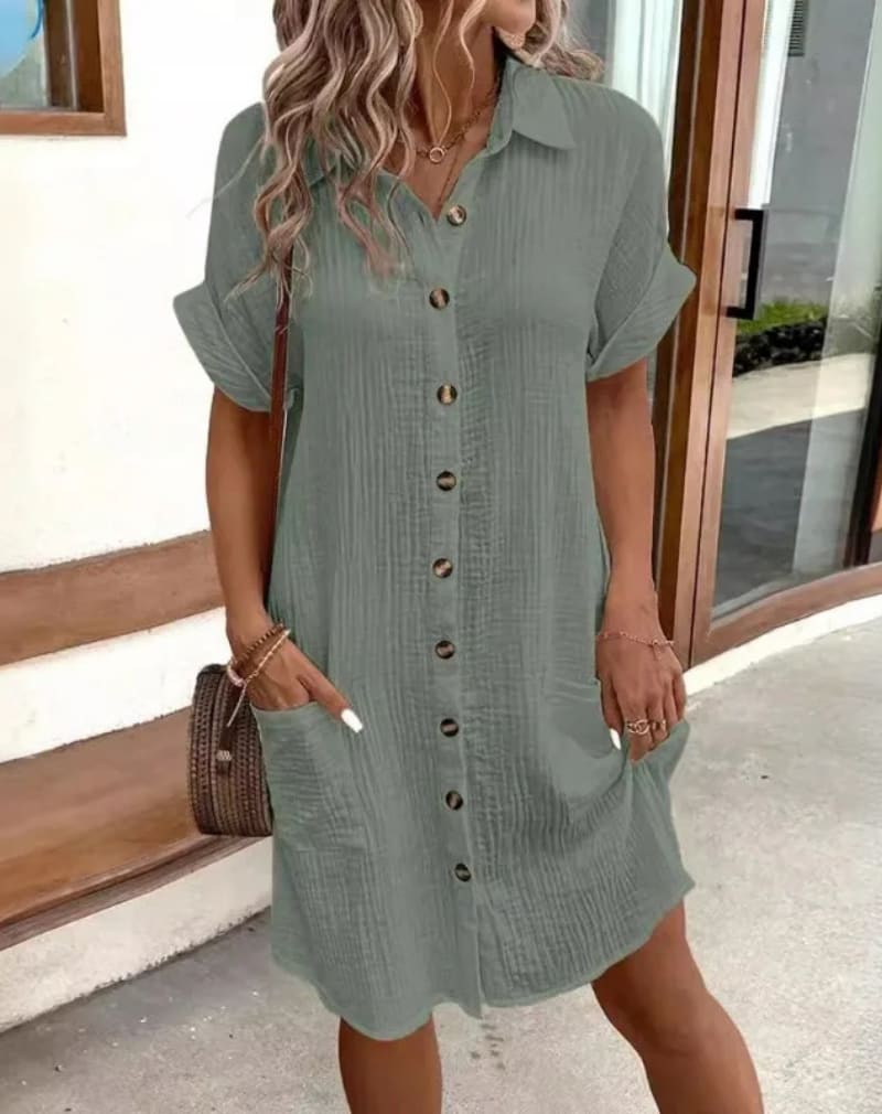 Cerys Cotton Button-Down Short Sleeve Shirt Dress with Pockets_5