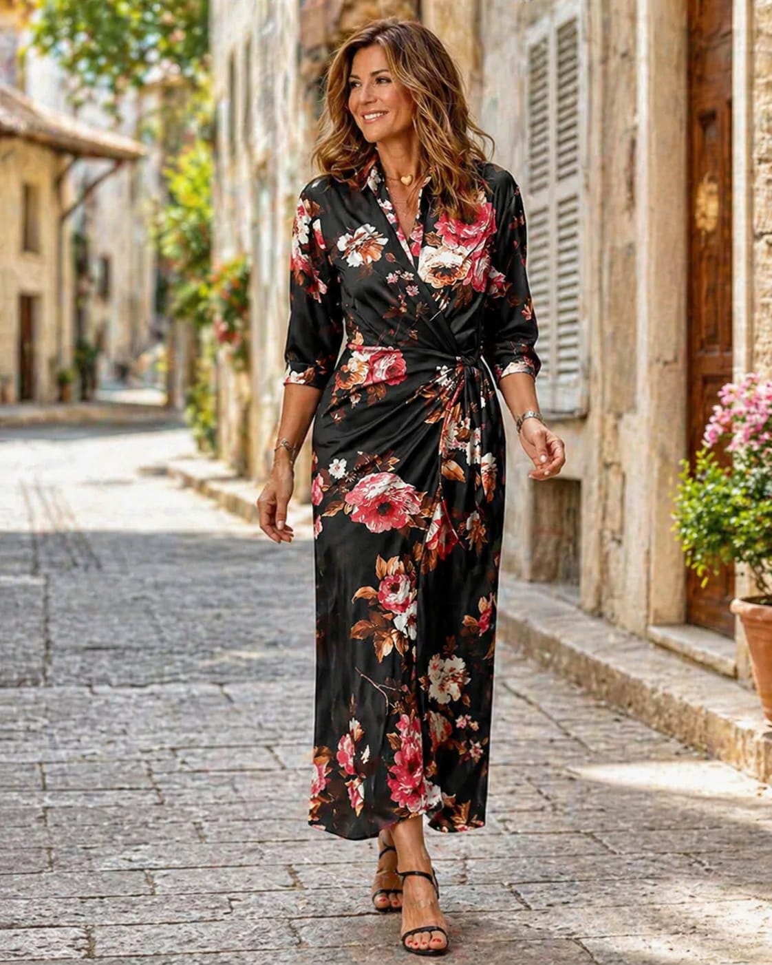Adele Printed Satin Maxi Shirt Dress