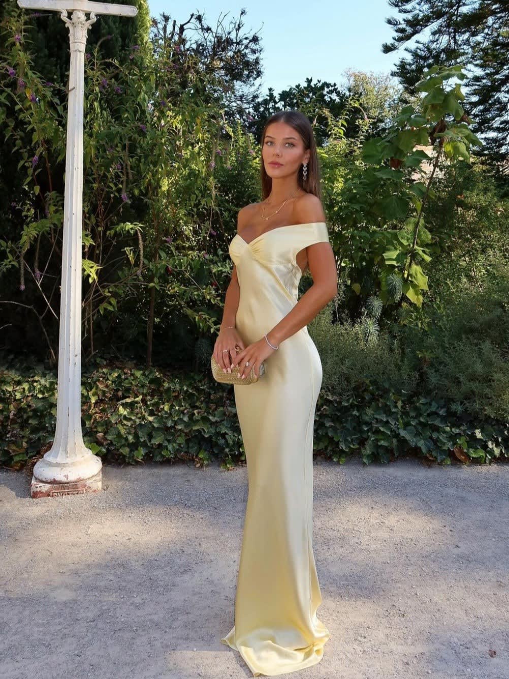 Eliza Wedding Guest Off-Shoulder Satin Maxi Dress