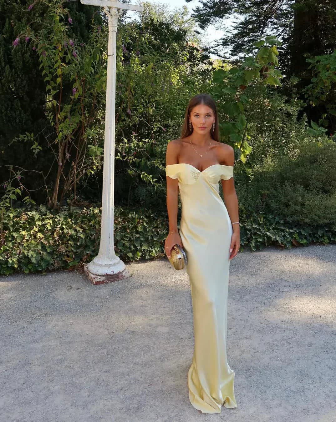 Eliza Wedding Guest Off-Shoulder Satin Maxi Dress
