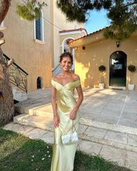 Eliza Wedding Guest Off-Shoulder Satin Maxi Dress