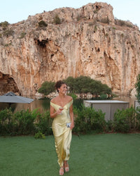 Eliza Wedding Guest Off-Shoulder Satin Maxi Dress