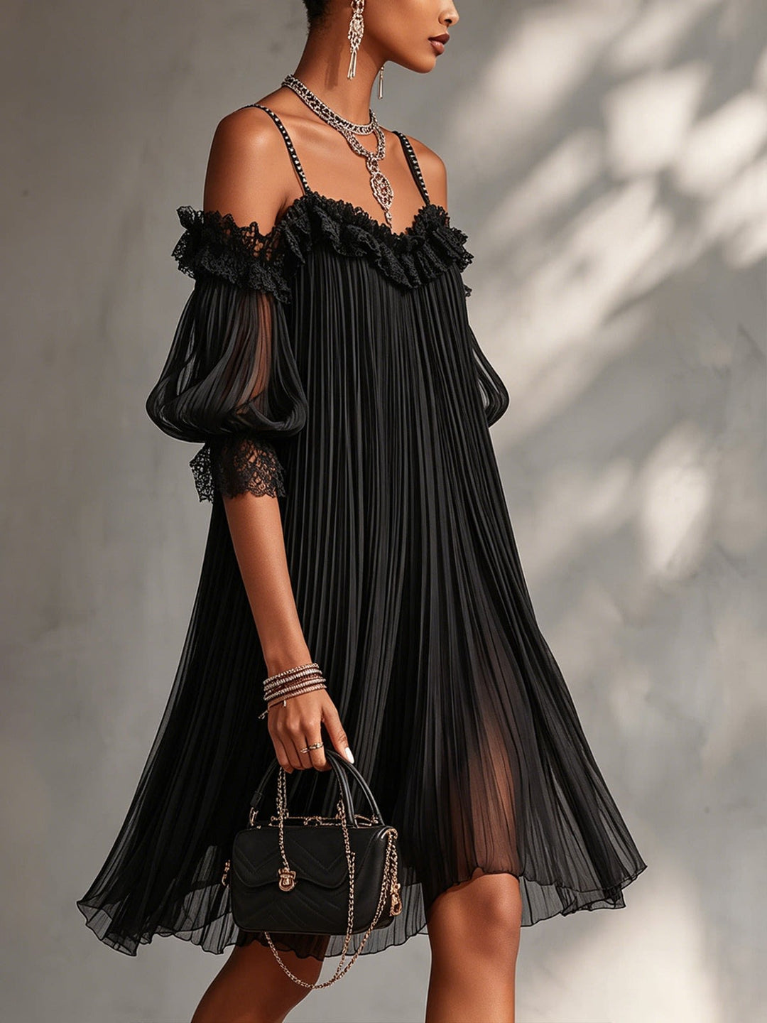 Gianna Pleated Chiffon Lace Cocktail Mini Dress