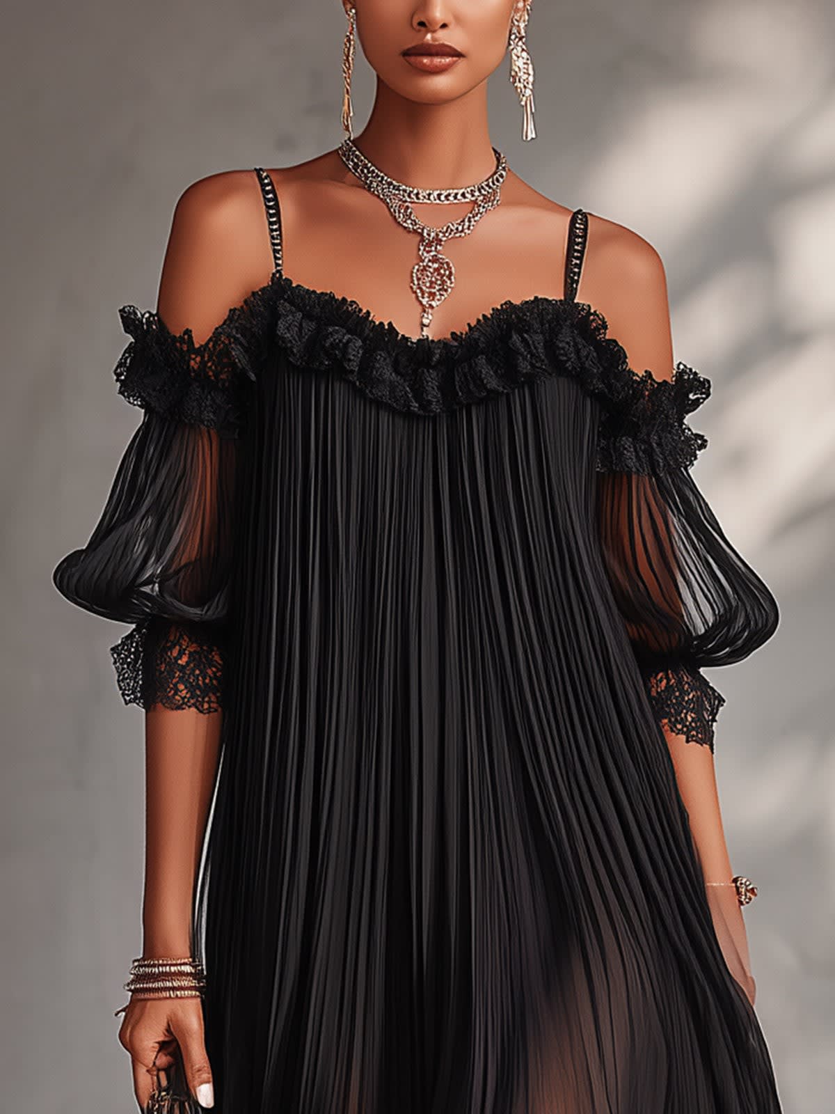 Gianna Pleated Chiffon Lace Cocktail Mini Dress_4