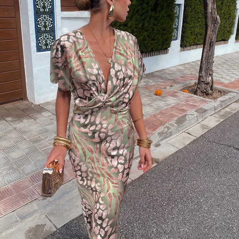 Tahlia Wedding Guest Wrap V-Neck Animal Print Maxi Dress