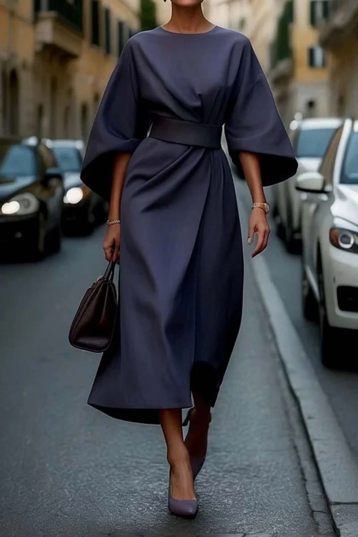 Michelle Belted Lantern Sleeve Midi Dress_2