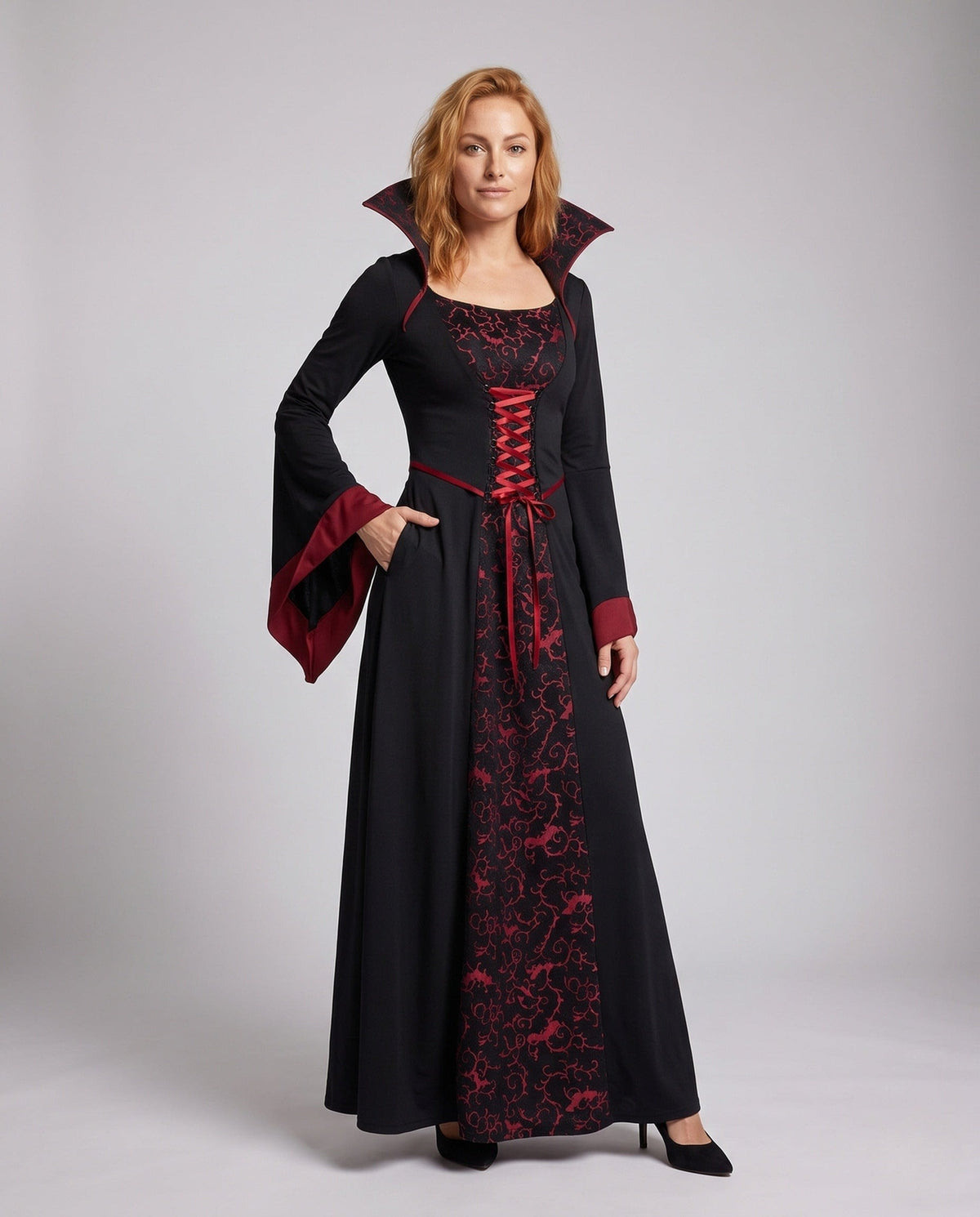 Esther Vampire Costume Lace Up Maxi Gown with Stand Collar