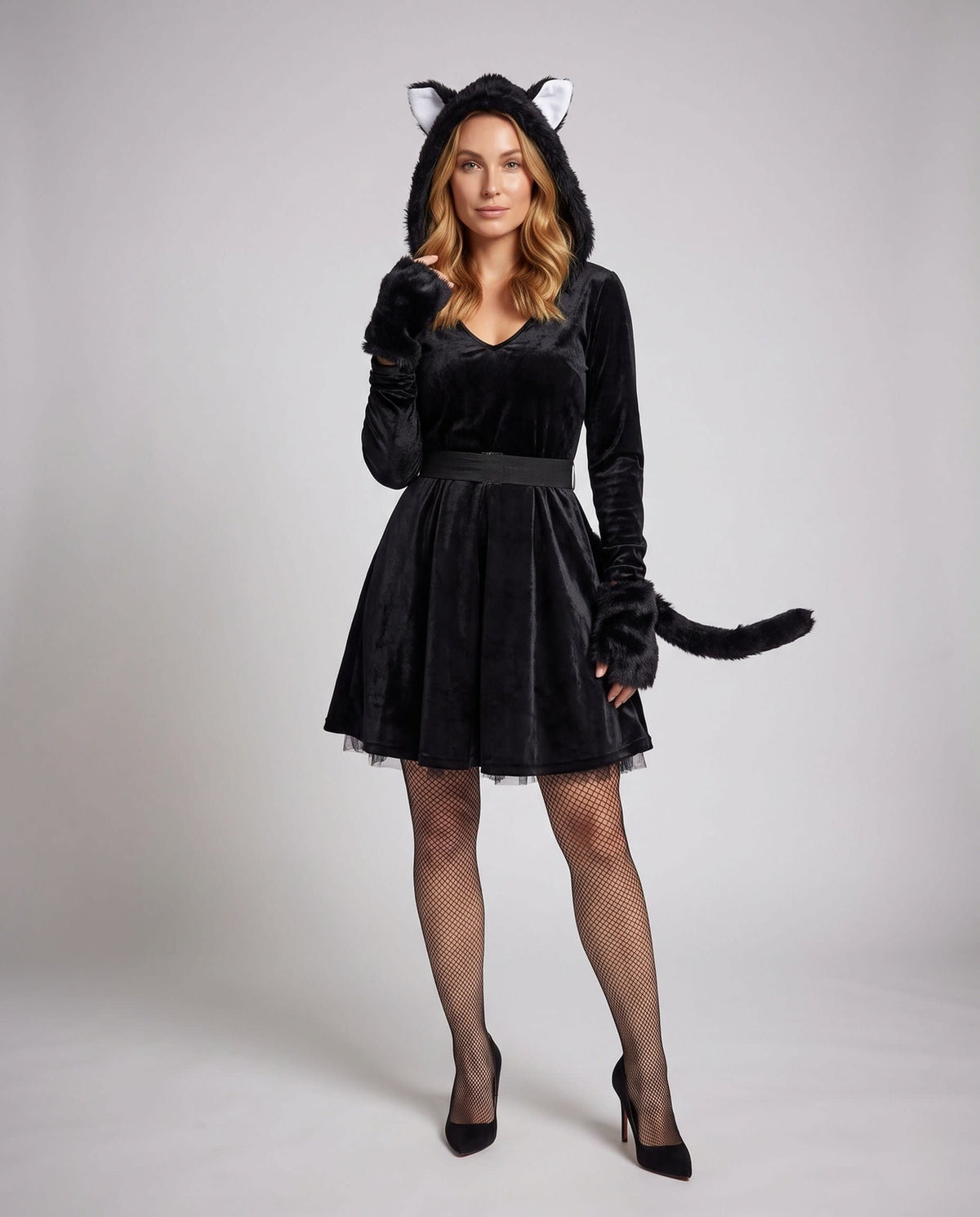 Melanie Black Cat Costume Velvet Hooded Mini Dress