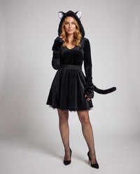 Melanie Black Cat Costume Velvet Hooded Mini Dress