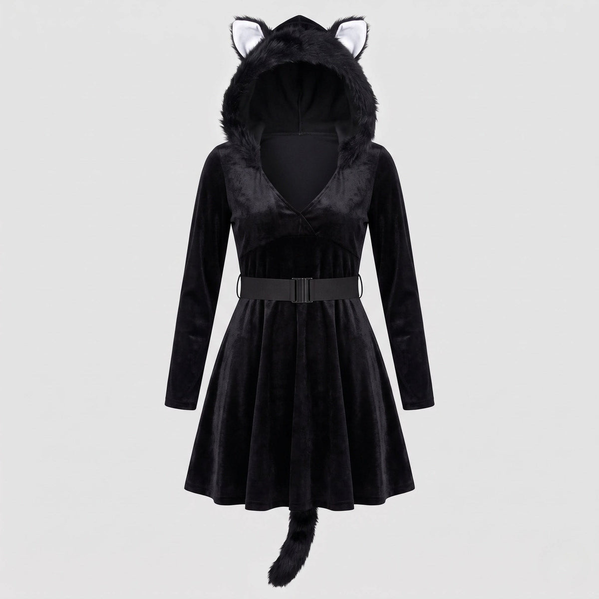 Melanie Black Cat Costume Velvet Hooded Mini Dress