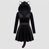 Melanie Black Cat Costume Velvet Hooded Mini Dress