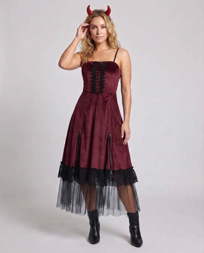 Kristy Gothic Devil Costume Midi Dress with Tulle Hem and Horns