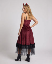Kristy Gothic Devil Costume Midi Dress with Tulle Hem and Horns