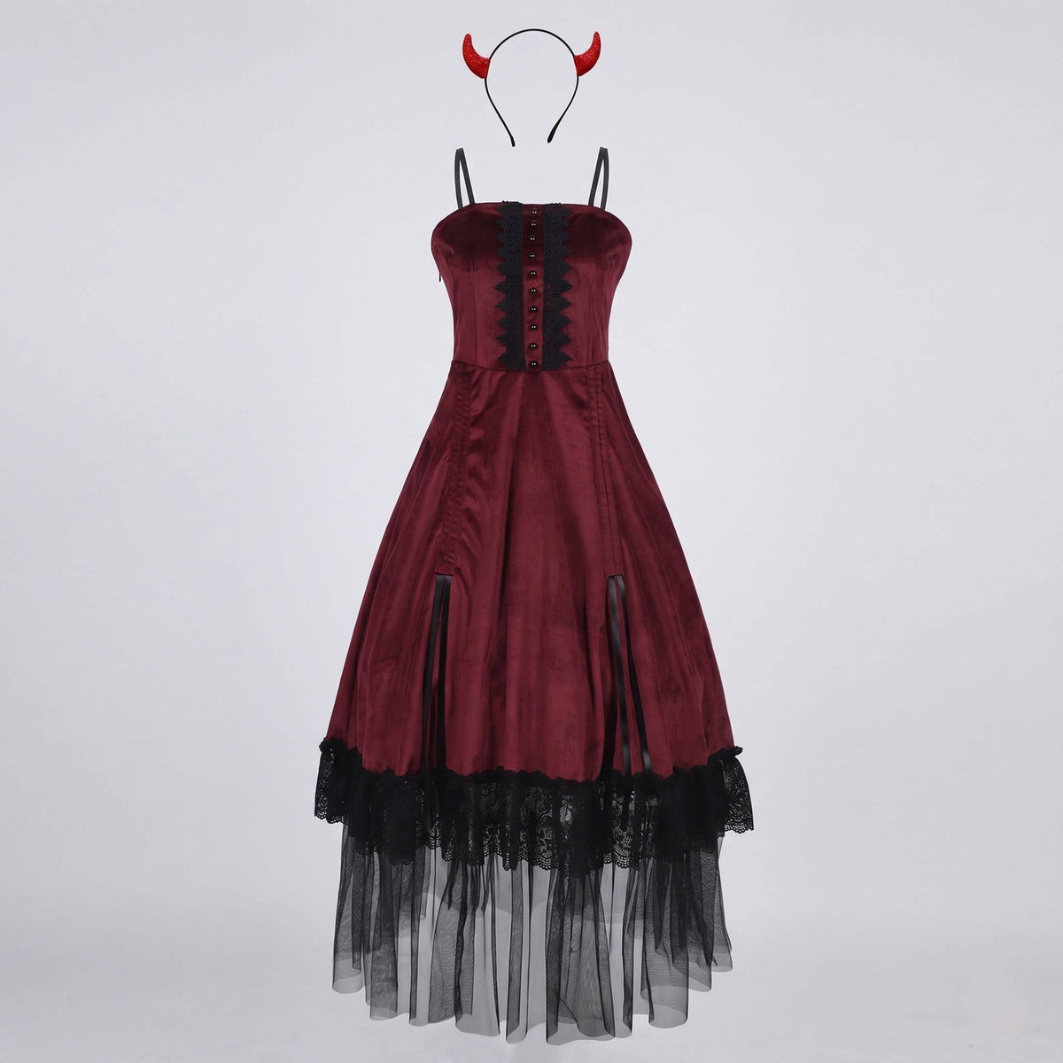 Kristy Gothic Devil Costume Midi Dress with Tulle Hem and Horns_4