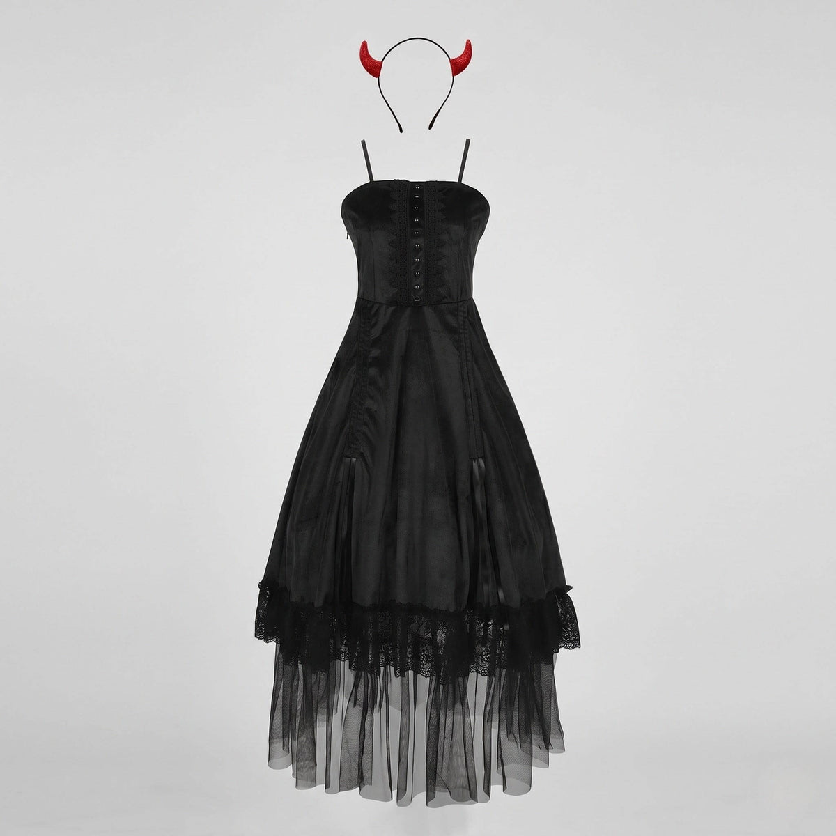 Kristy Gothic Devil Costume Midi Dress with Tulle Hem and Horns_5
