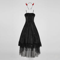 Kristy Gothic Devil Costume Midi Dress with Tulle Hem and Horns