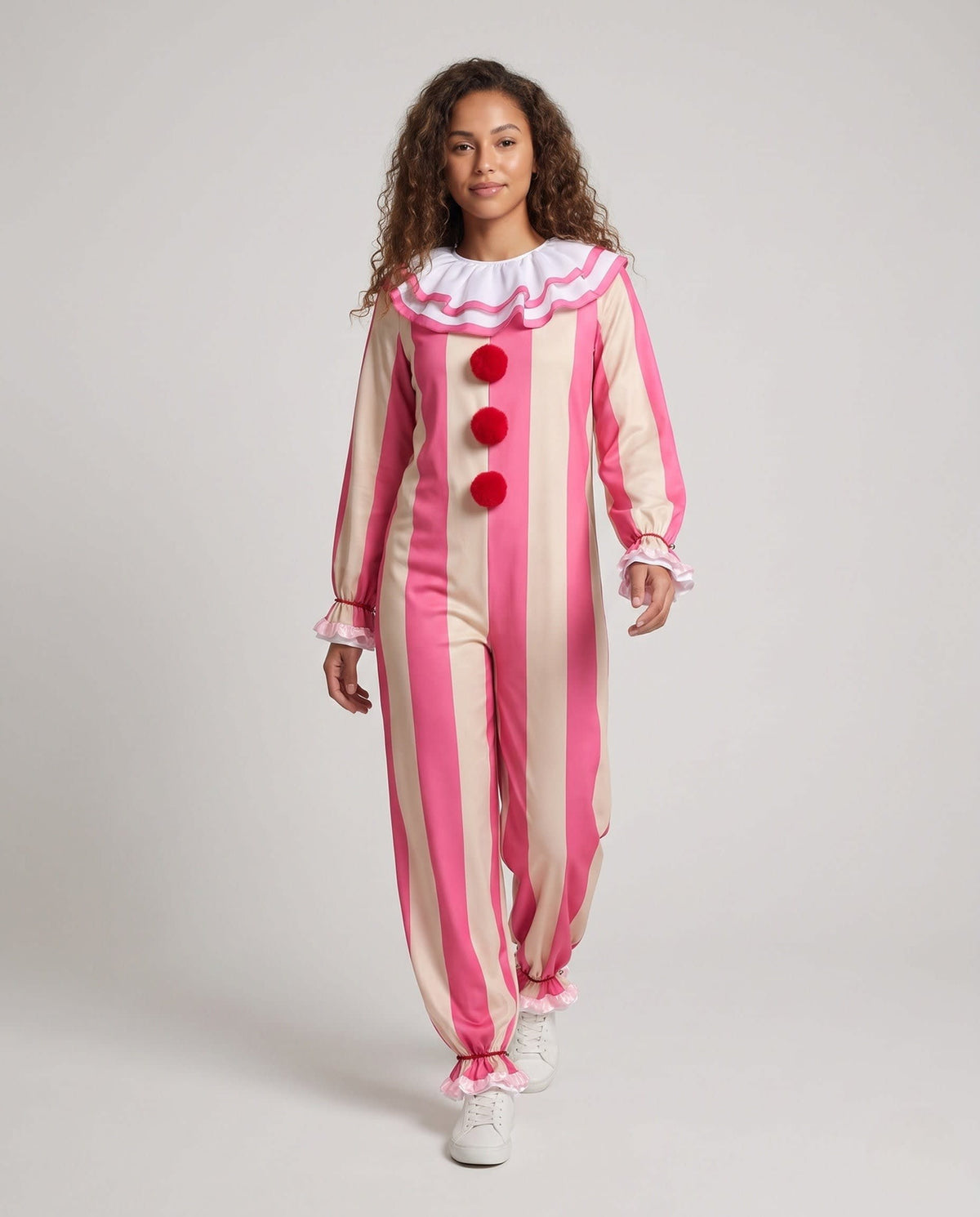 Kathy Pink Striped Clown Costume Jumpsuit with Ruffle Collar_1