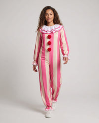 Kathy Pink Striped Clown Costume Jumpsuit with Ruffle Collar