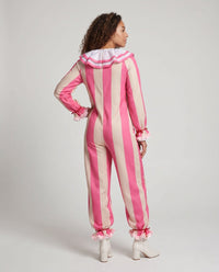Kathy Pink Striped Clown Costume Jumpsuit with Ruffle Collar