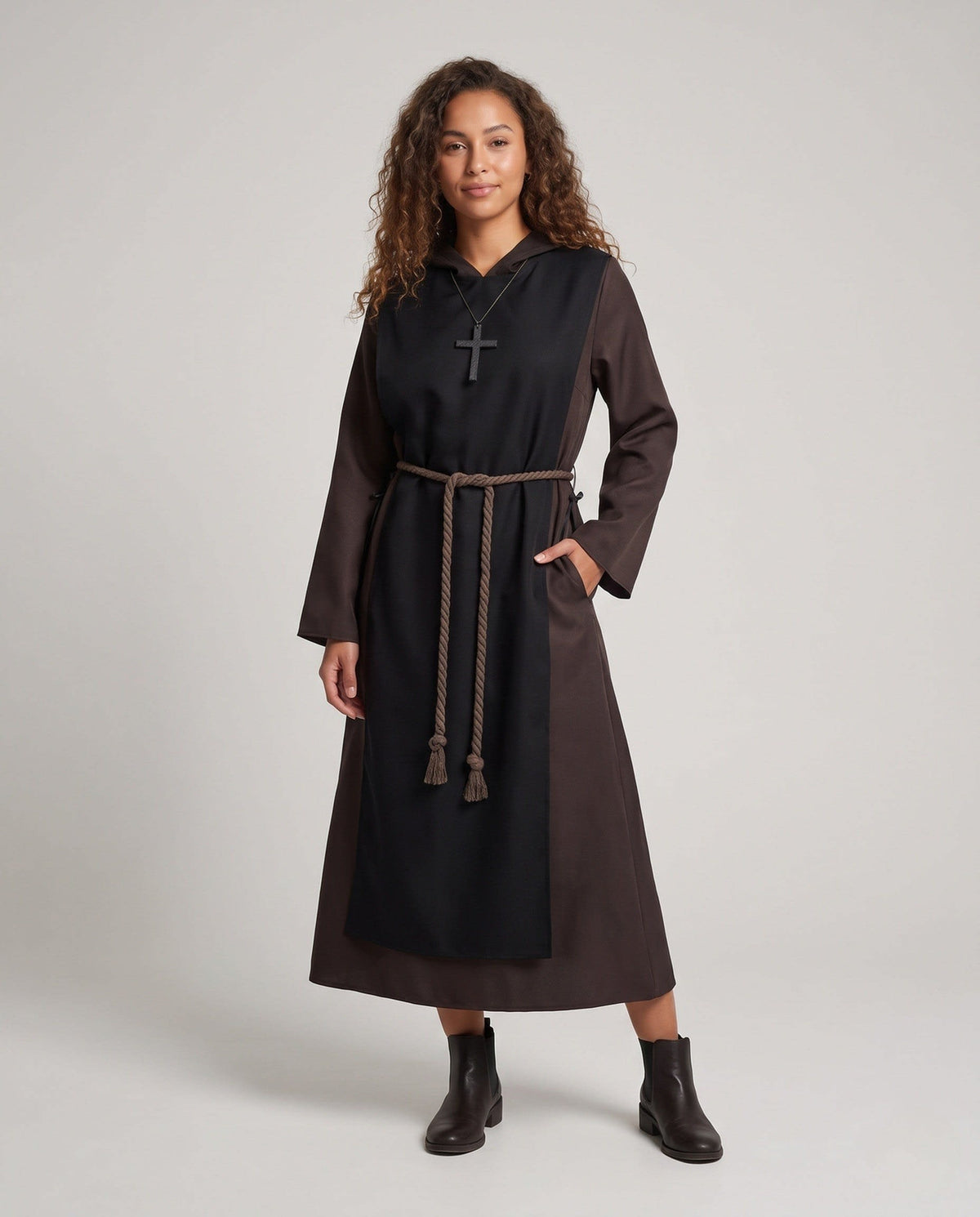 Deborah Nun Costume Hooded Midi Robe with Cross Pendant