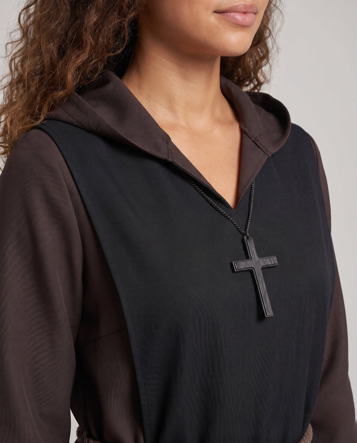 Deborah Nun Costume Hooded Midi Robe with Cross Pendant