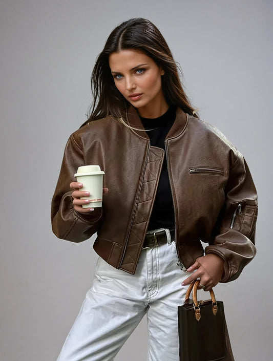 Sana Cropped Faux Leather Bomber Jacket_1