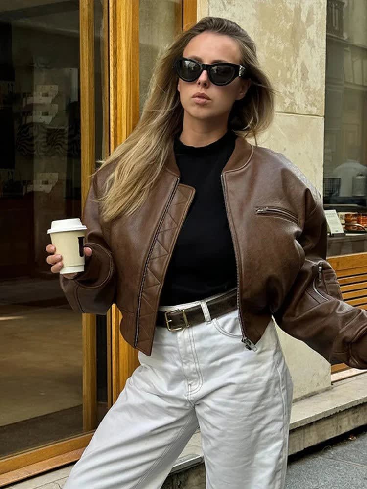 Sana Cropped Faux Leather Bomber Jacket