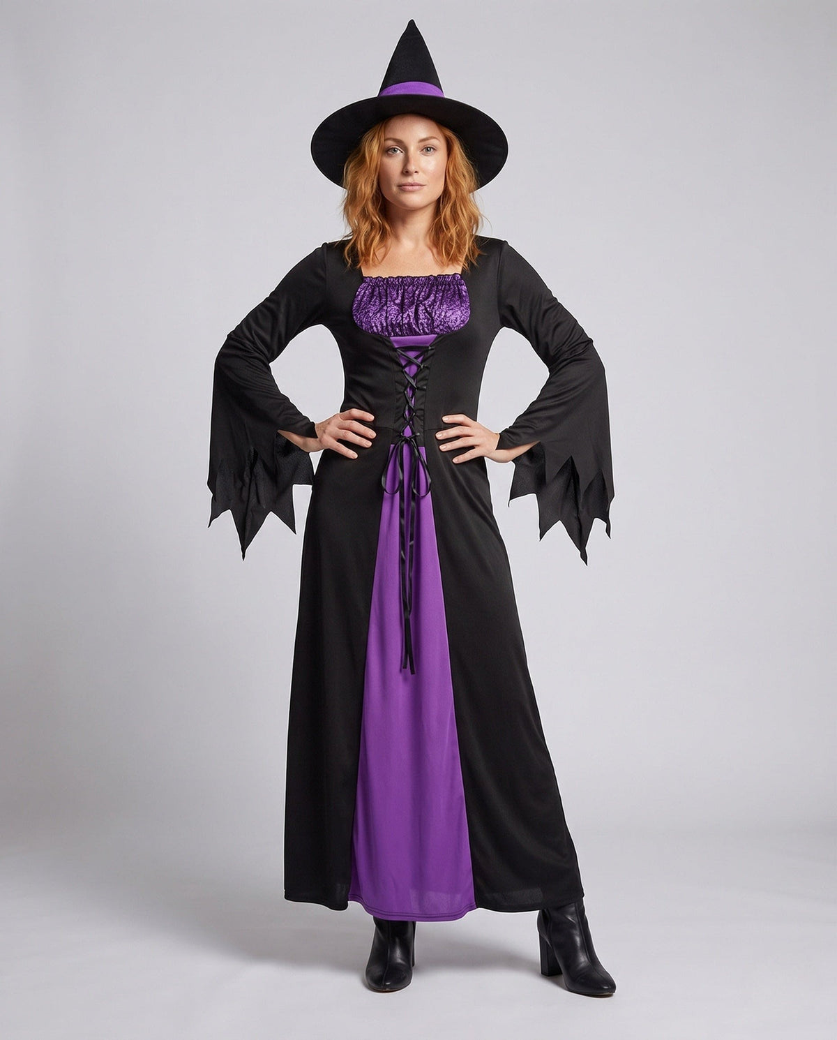 Linda Witch Costume Lace Up Maxi Dress with Pointed Hat