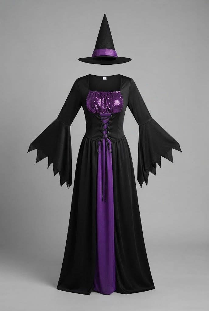 Linda Witch Costume Lace Up Maxi Dress with Pointed Hat_4