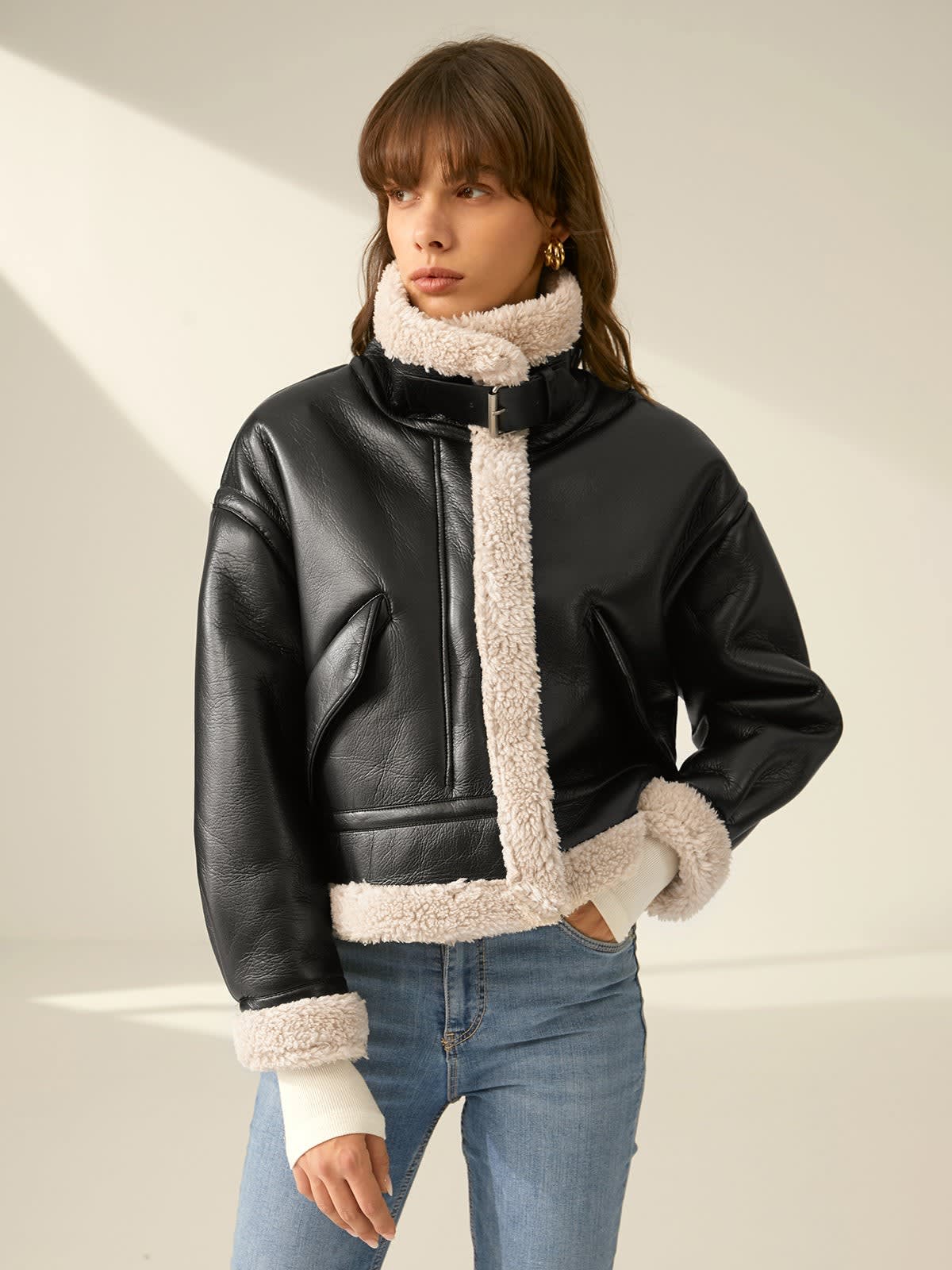 Oceana Sherpa Lined Faux Leather Aviator Jacket_4