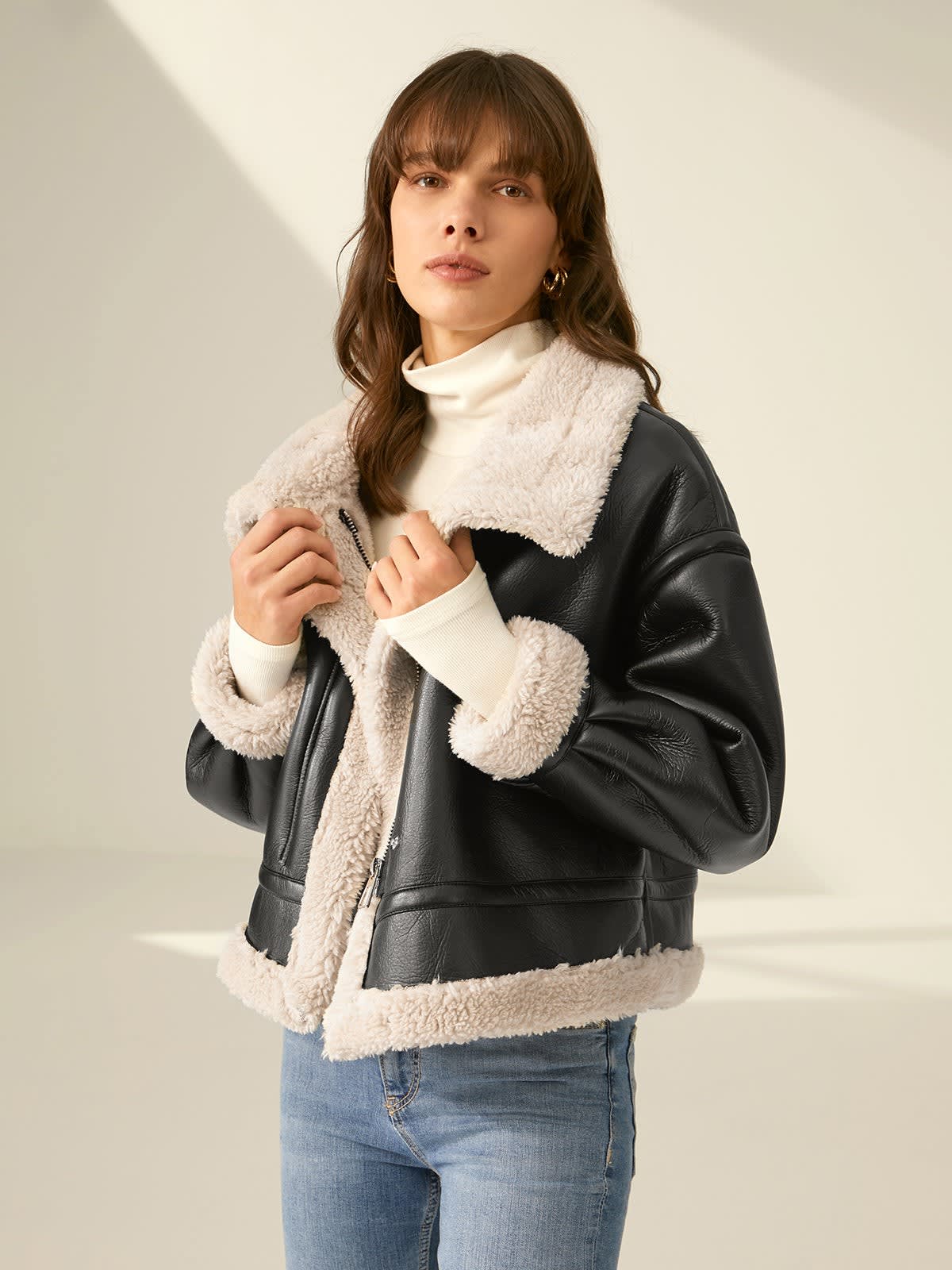 Oceana Sherpa Lined Faux Leather Aviator Jacket_5