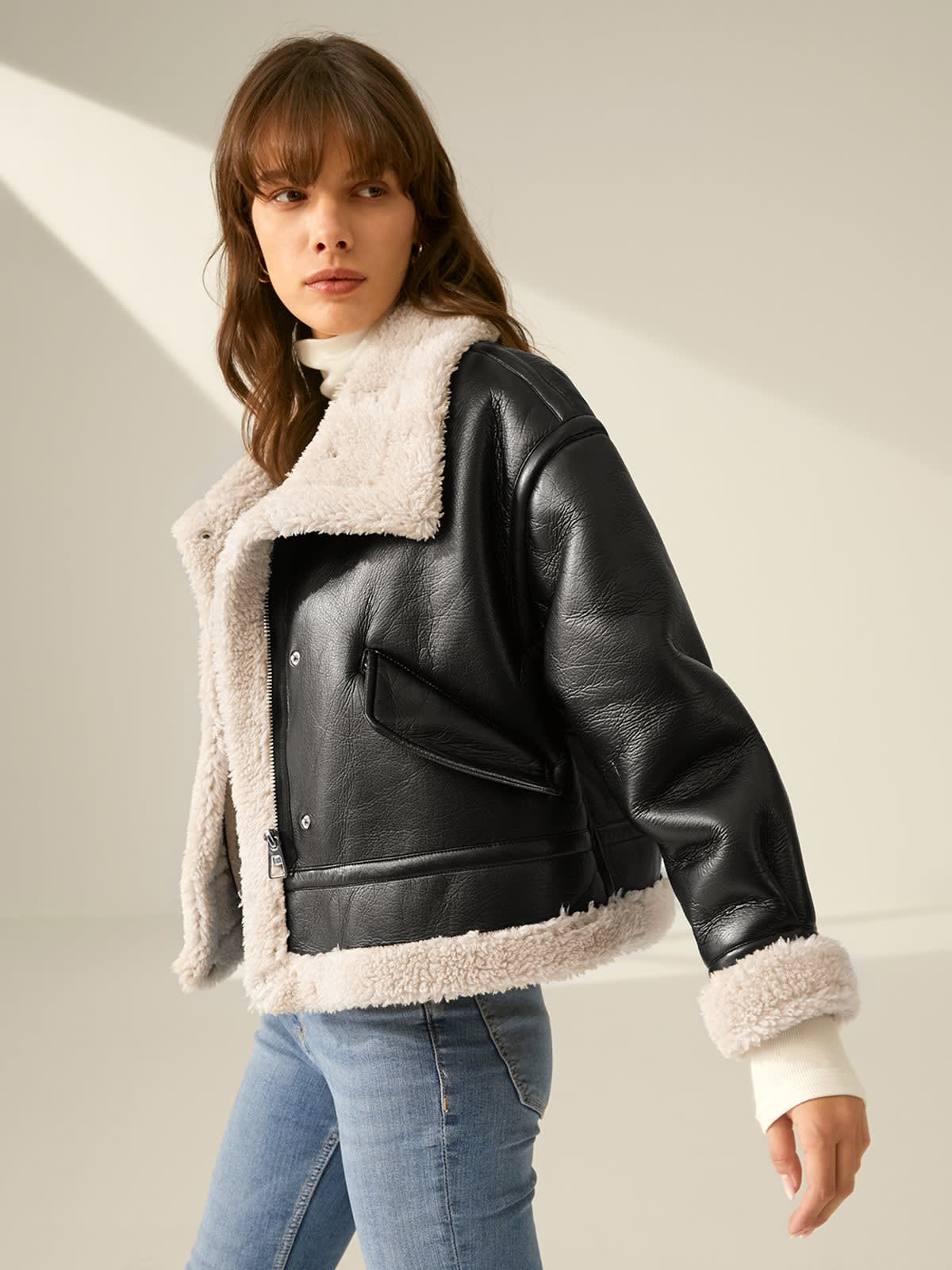 Oceana Sherpa Lined Faux Leather Aviator Jacket