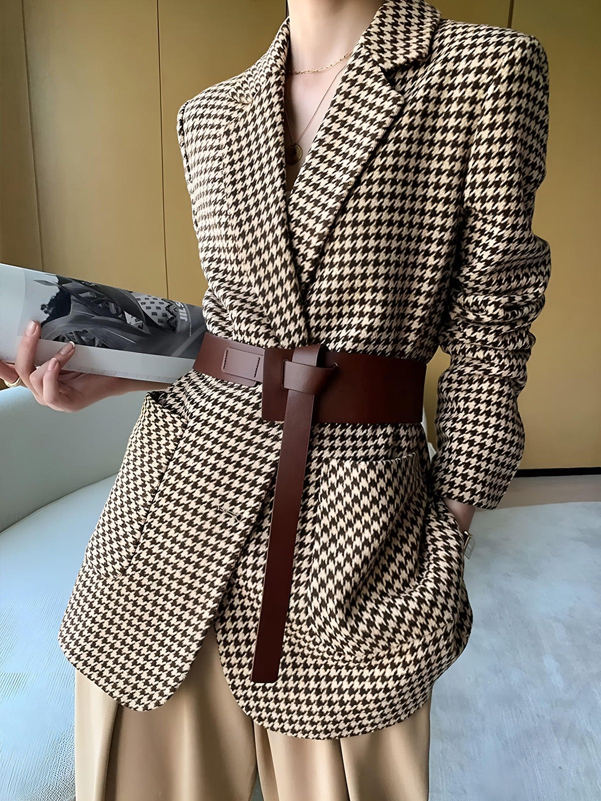 Haven Houndstooth Belted Blazer_2