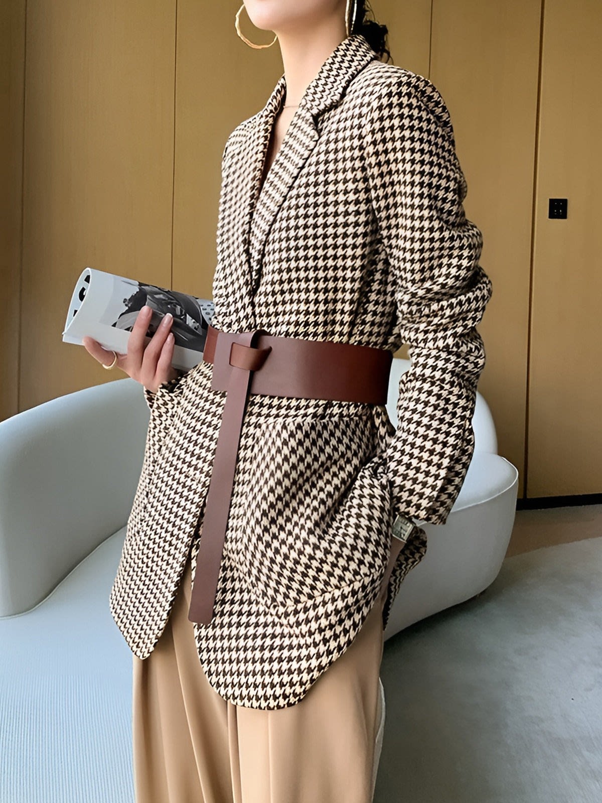 Haven Houndstooth Belted Blazer