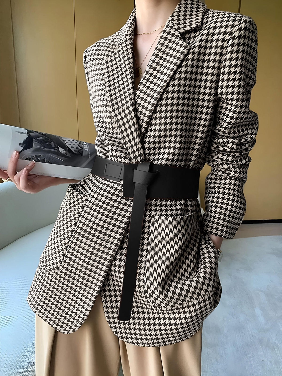 Haven Houndstooth Belted Blazer