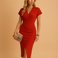 Nerine V-Neck Wrap Midi Dress with Front Split