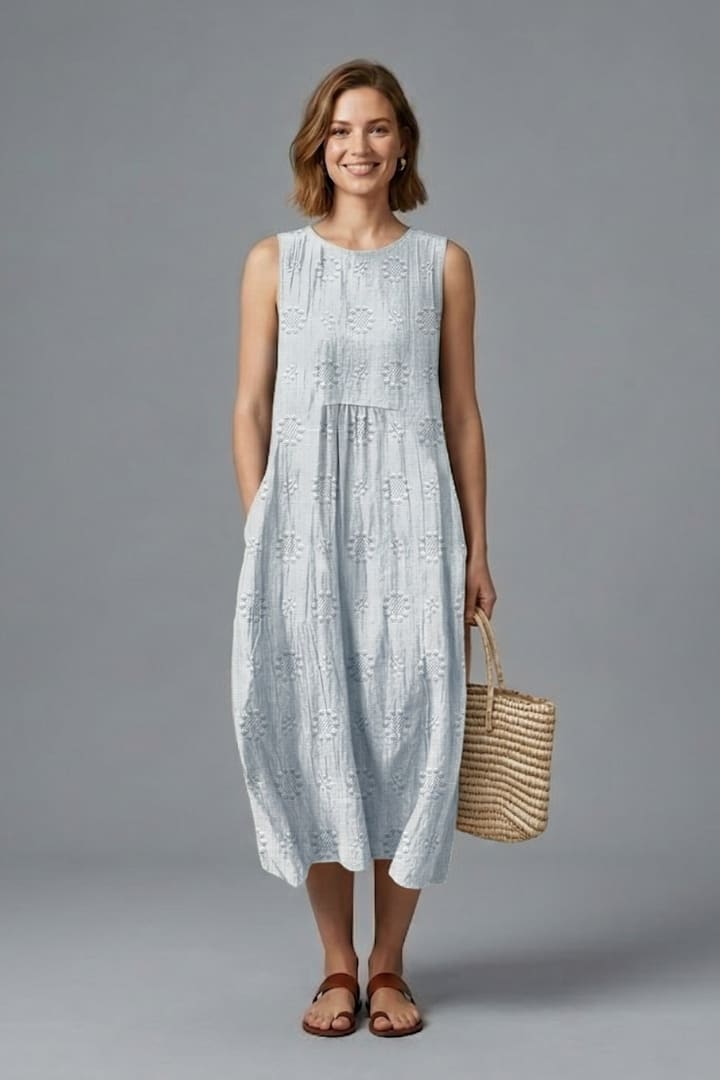 Blythe Sleeveless Embroidered Midi Dress with Pockets