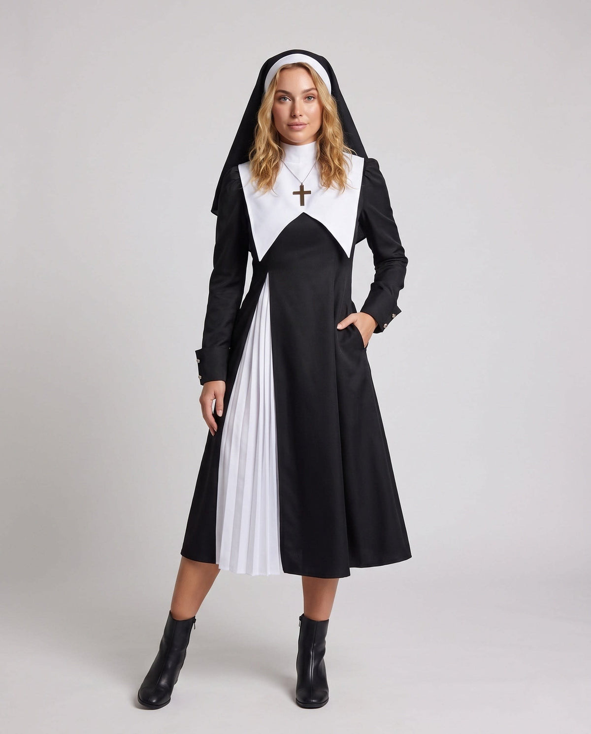 Marianne Nun Costume Midi Dress with Veil and Cross Pendant_1