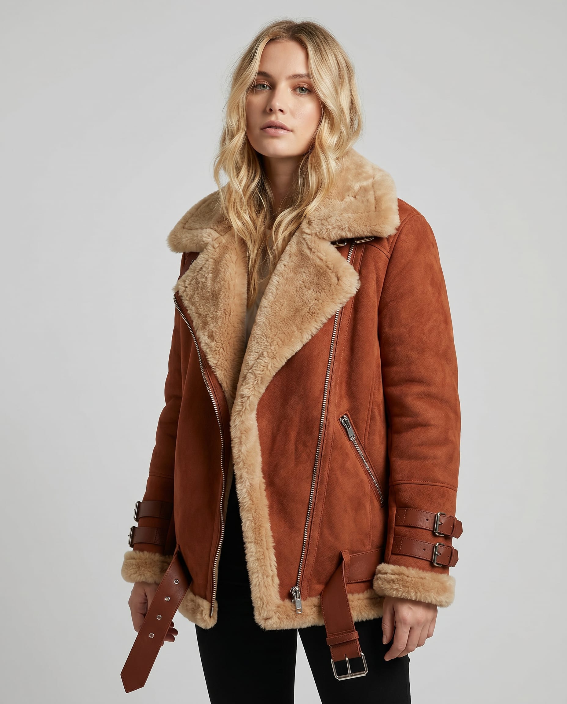 Eulalia Belted Faux Shearling Aviator Jacket