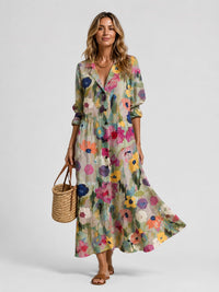 Alouette Printed V-Neck Maxi Shirt Dress