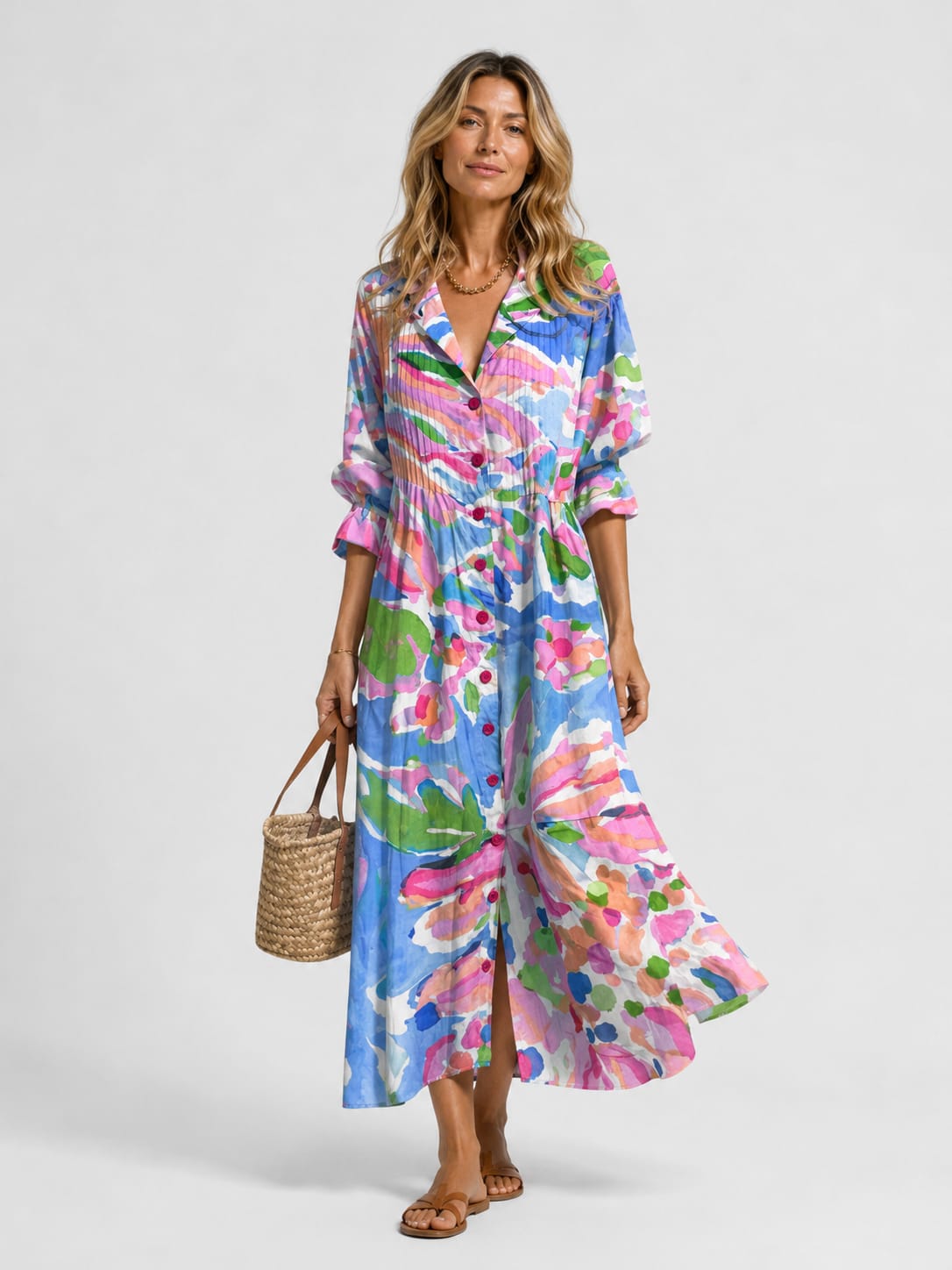 Alouette Printed V-Neck Maxi Shirt Dress