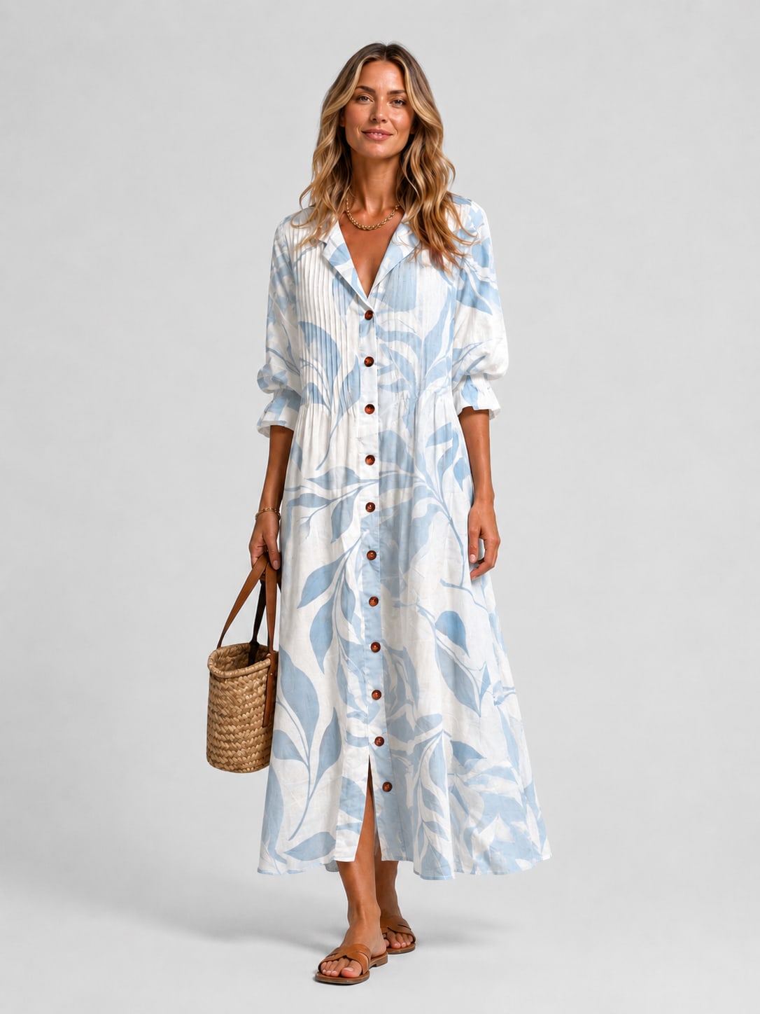 Alouette Printed V-Neck Maxi Shirt Dress