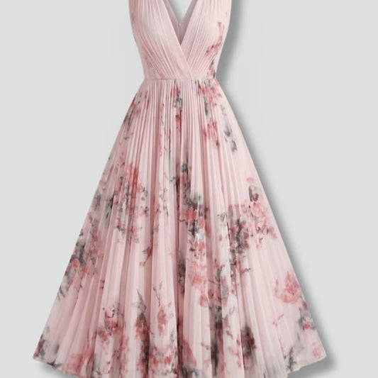 Calla Floral Pleated V-Neck Midi Dress_1