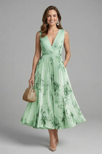 Calla Floral Pleated V-Neck Midi Dress