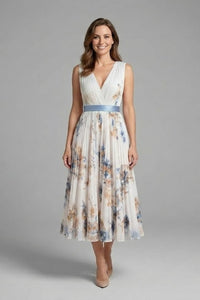 Calla Floral Pleated V-Neck Midi Dress