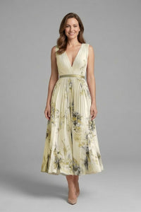 Calla Floral Pleated V-Neck Midi Dress
