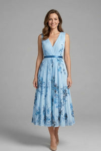 Calla Floral Pleated V-Neck Midi Dress
